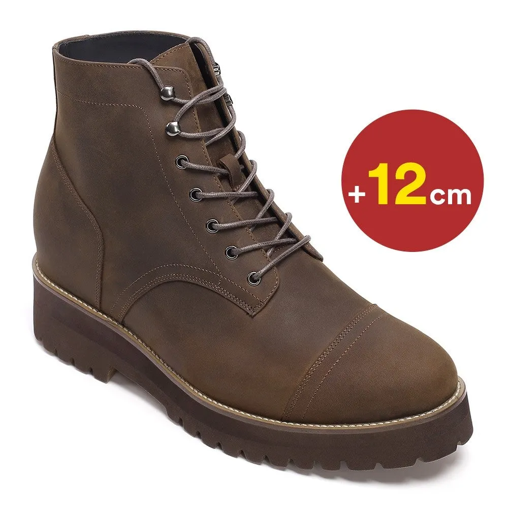 12 CM/4.72 Inches CMR CHAMARIPA Brown Oiled Leather Boots - Elevate Your Style with 4.72-Inch Height-Increasing Shoes for Men