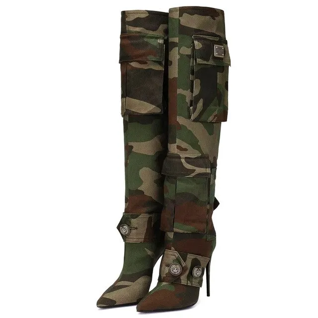 2025 Camouflage Thigh High Boots – Pointed Toe, High Heels & Pocket Detail