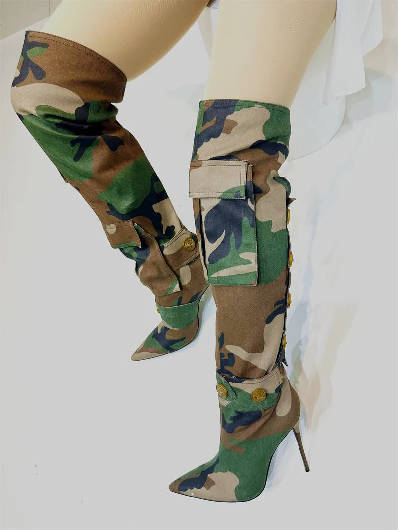 2025 Camouflage Thigh High Boots – Pointed Toe, High Heels & Pocket Detail