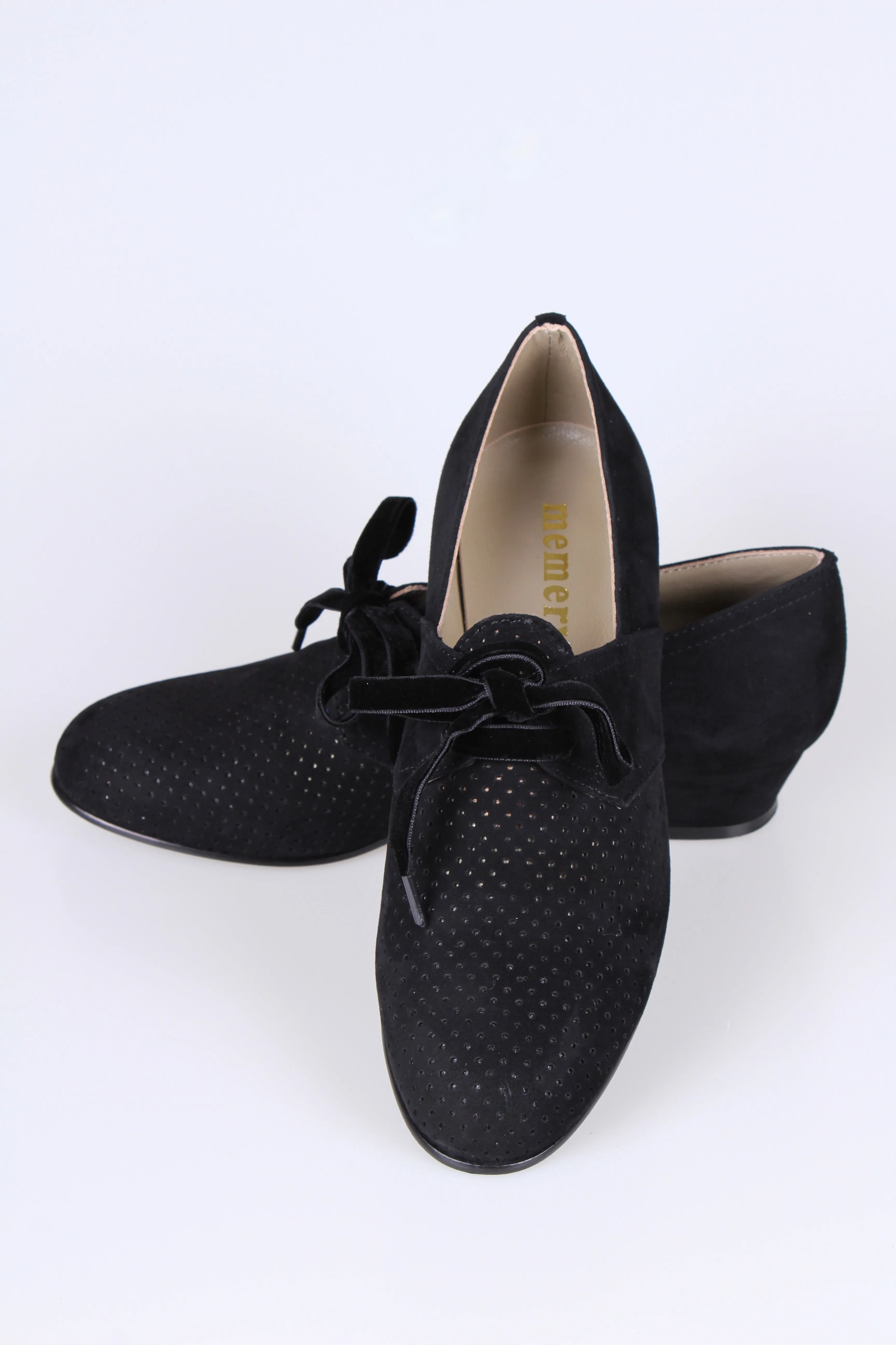 40s vintage style suede Derby shoes  - Low heel- black - Esther