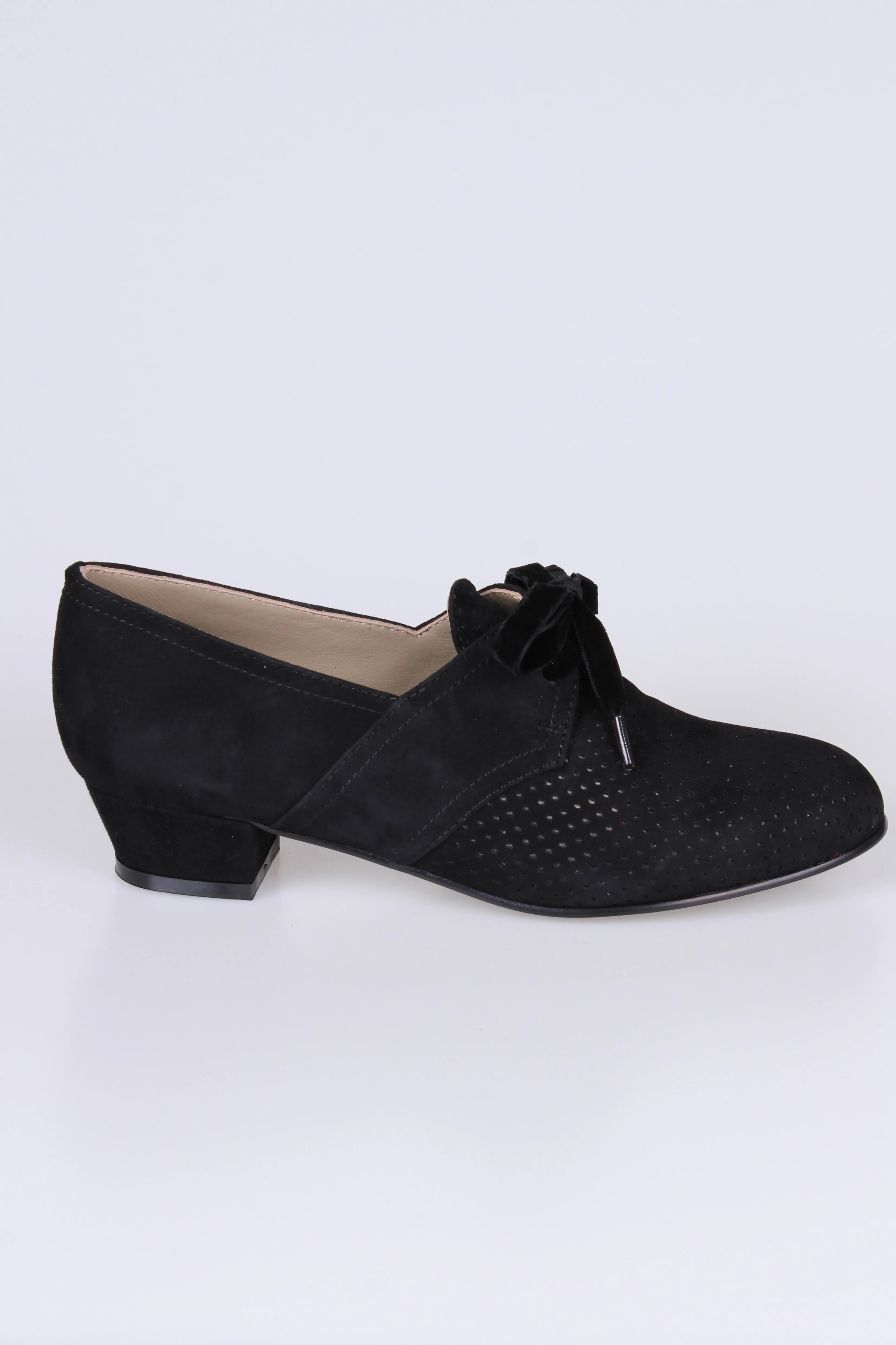 40s vintage style suede Derby shoes  - Low heel- black - Esther
