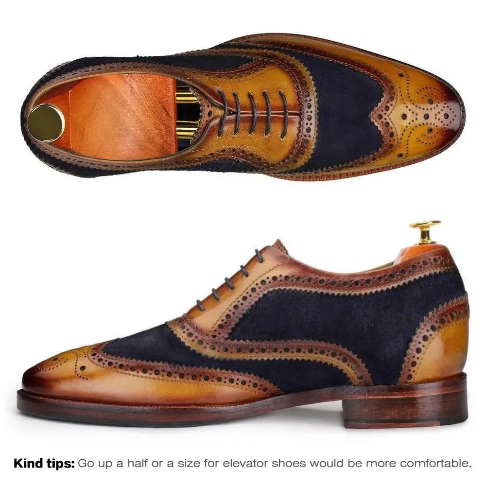 7 CM / 2.76 Inches CMR CHAMARIPA Dress Elevator Shoes For Men - Handcrafted Wingtip Brogue Oxford - Navy Suede