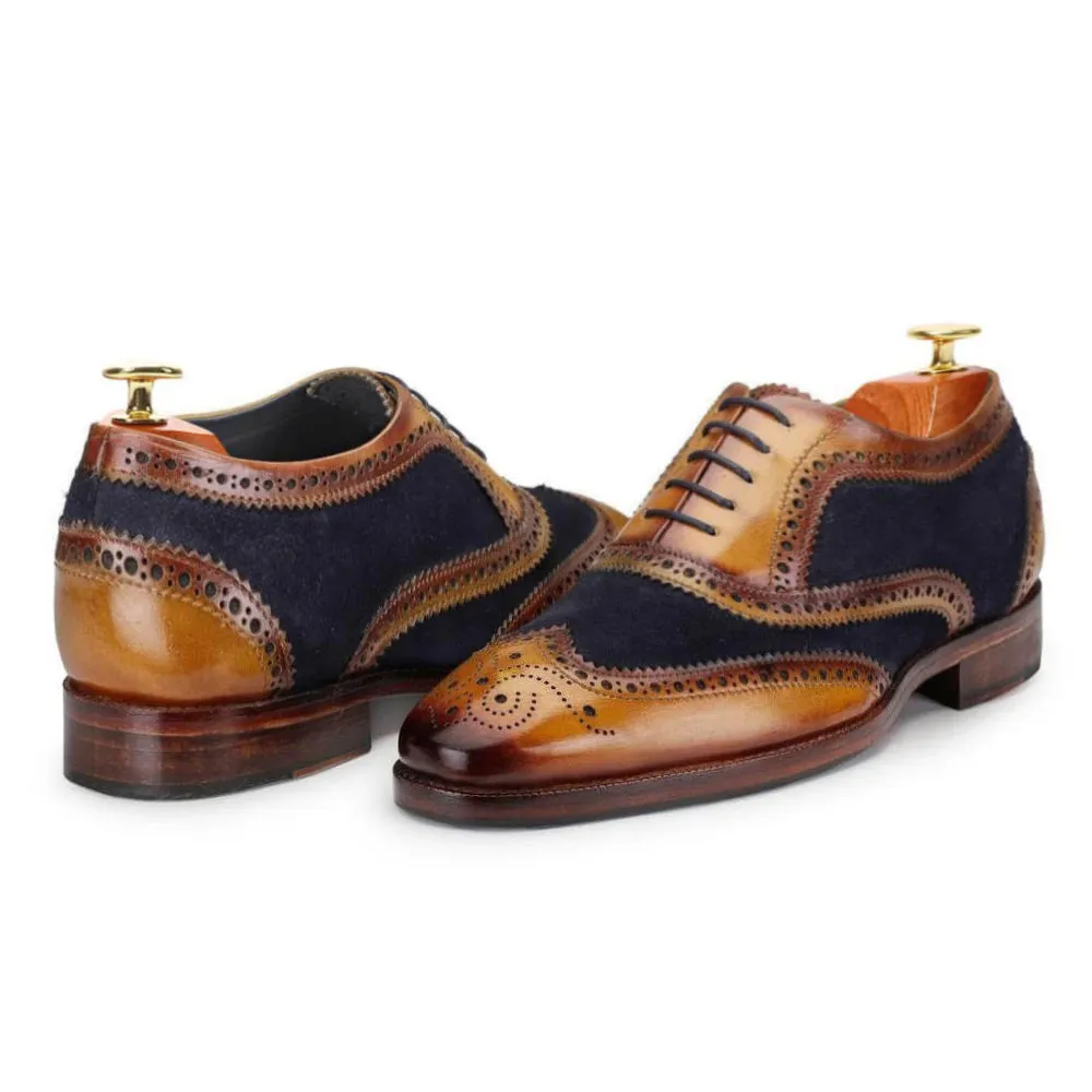 7 CM / 2.76 Inches CMR CHAMARIPA Dress Elevator Shoes For Men - Handcrafted Wingtip Brogue Oxford - Navy Suede