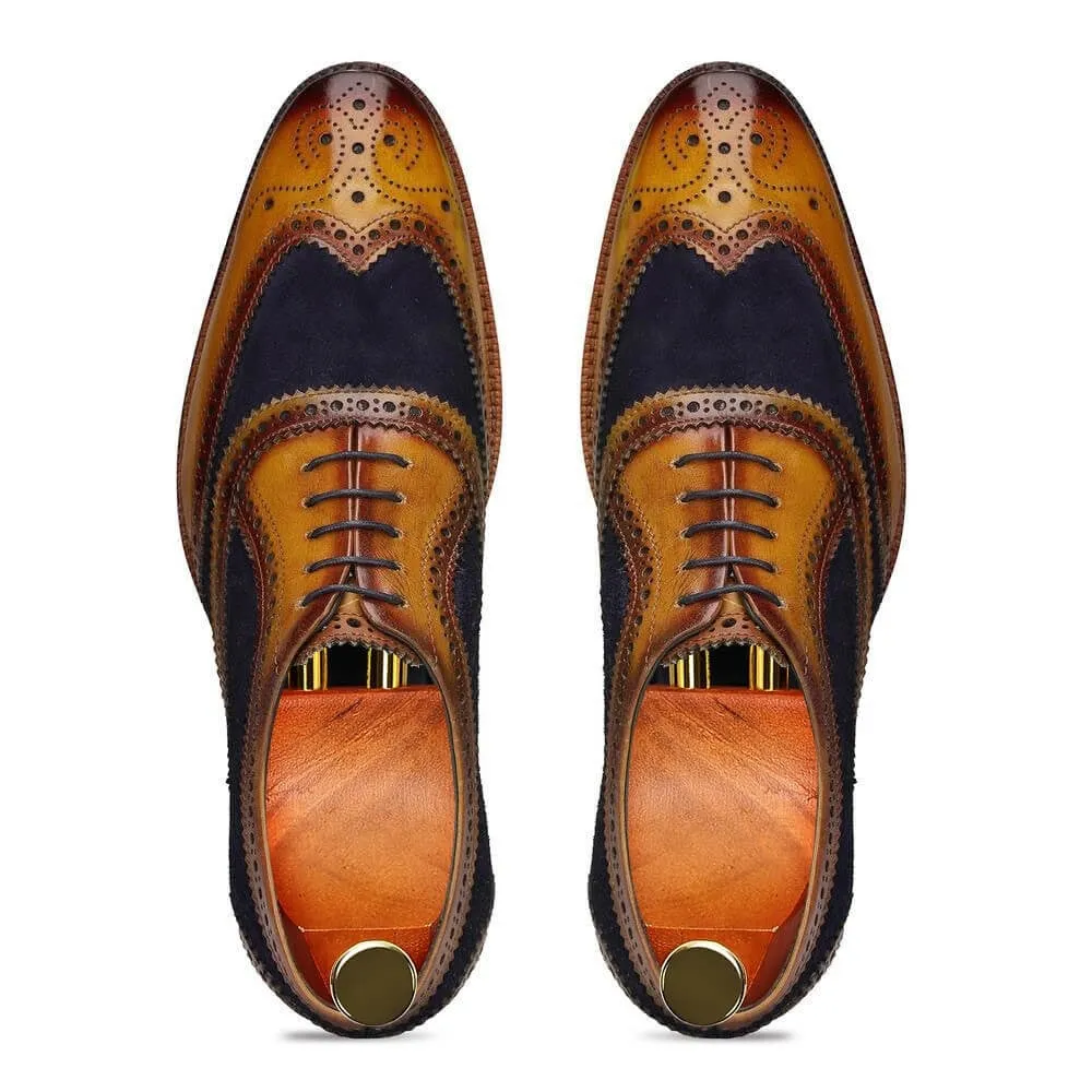 7 CM / 2.76 Inches CMR CHAMARIPA Dress Elevator Shoes For Men - Handcrafted Wingtip Brogue Oxford - Navy Suede