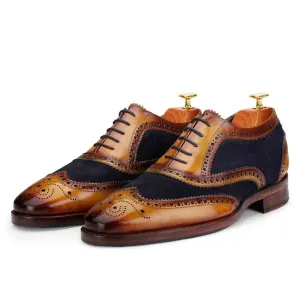 7 CM / 2.76 Inches CMR CHAMARIPA Dress Elevator Shoes For Men - Handcrafted Wingtip Brogue Oxford - Navy Suede