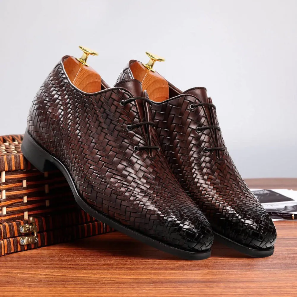 7CM/2.76Inches - CMR CHAMARIPA High Heel Men Dress Shoes Oxford Elevator Shoes Brown Woven Upper