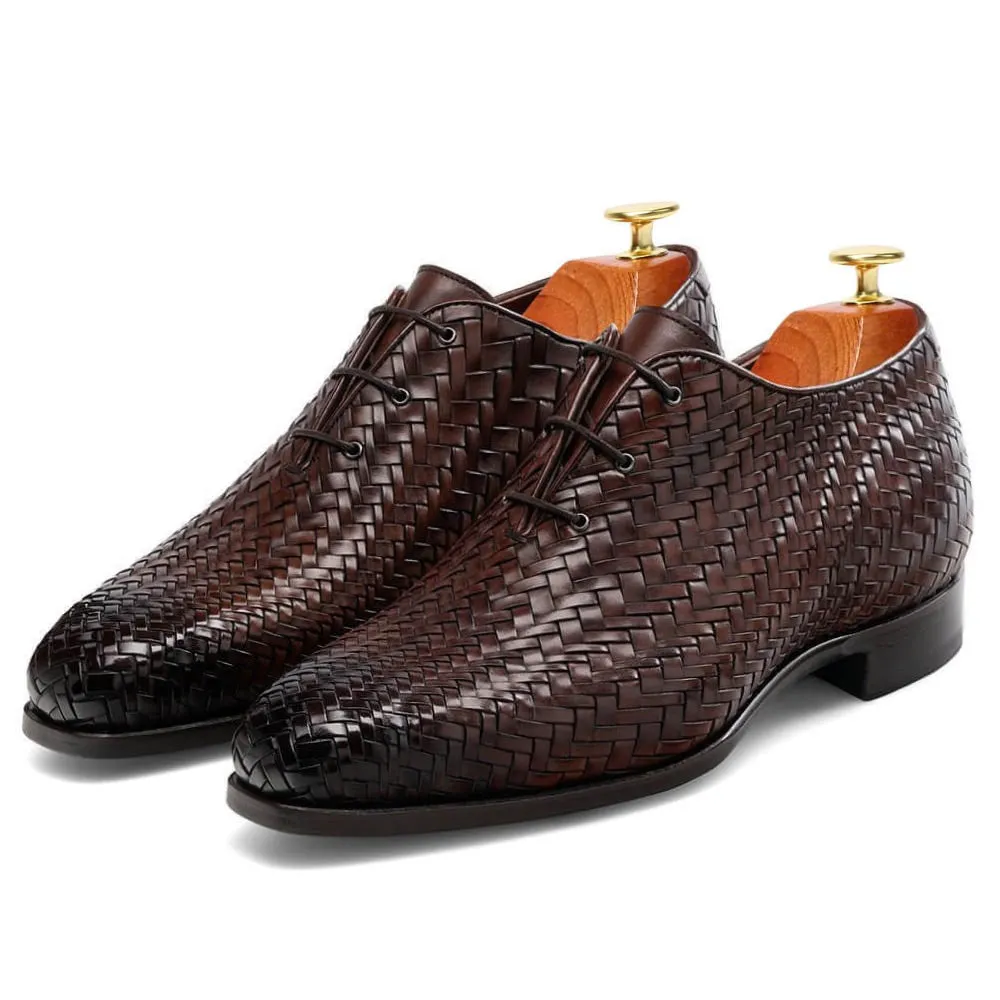 7CM/2.76Inches - CMR CHAMARIPA High Heel Men Dress Shoes Oxford Elevator Shoes Brown Woven Upper
