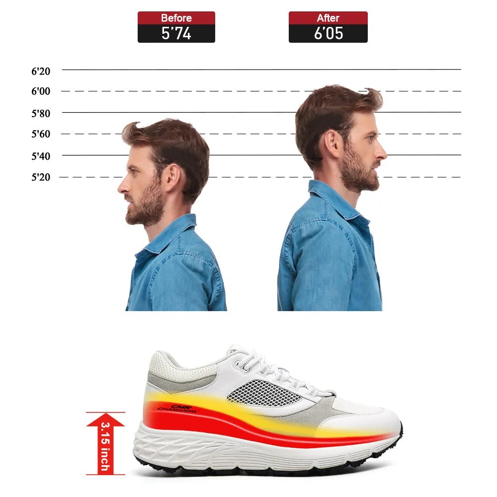 8CM / 3.15 Inches CMR CHAMARIPA Men's Height-Increasing Sneakers - White Mesh Breathable Elevator Shoes
