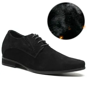8CM/3.15  Inches - CMR CHAMARIPA  Height Increase Suede Shoes Fur-Lined Black High Heel Men Dress Shoes