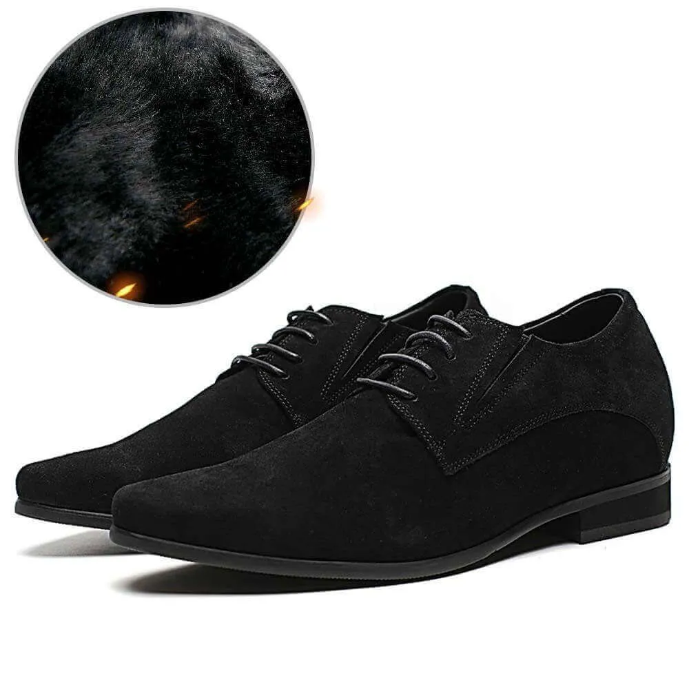 8CM/3.15  Inches - CMR CHAMARIPA  Height Increase Suede Shoes Fur-Lined Black High Heel Men Dress Shoes