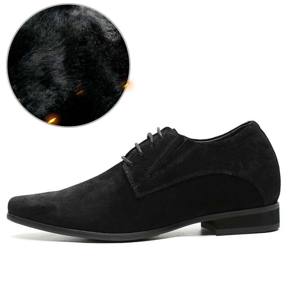 8CM/3.15  Inches - CMR CHAMARIPA  Height Increase Suede Shoes Fur-Lined Black High Heel Men Dress Shoes