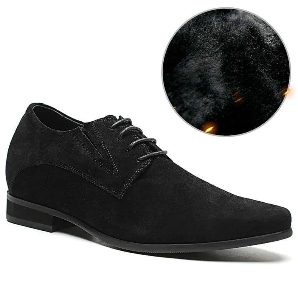 8CM/3.15  Inches - CMR CHAMARIPA  Height Increase Suede Shoes Fur-Lined Black High Heel Men Dress Shoes