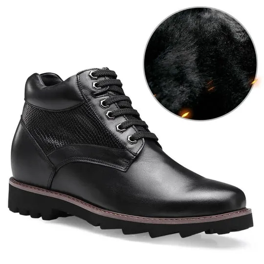 9 CM /3.54 Inches - CMR CHAMARIPA Height Increasing Boots Warm Fur Lined Winter Boots Black Leather Elevator Shoes