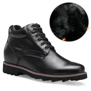 9 CM /3.54 Inches - CMR CHAMARIPA Height Increasing Boots Warm Fur Lined Winter Boots Black Leather Elevator Shoes