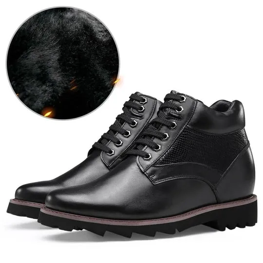 9 CM /3.54 Inches - CMR CHAMARIPA Height Increasing Boots Warm Fur Lined Winter Boots Black Leather Elevator Shoes