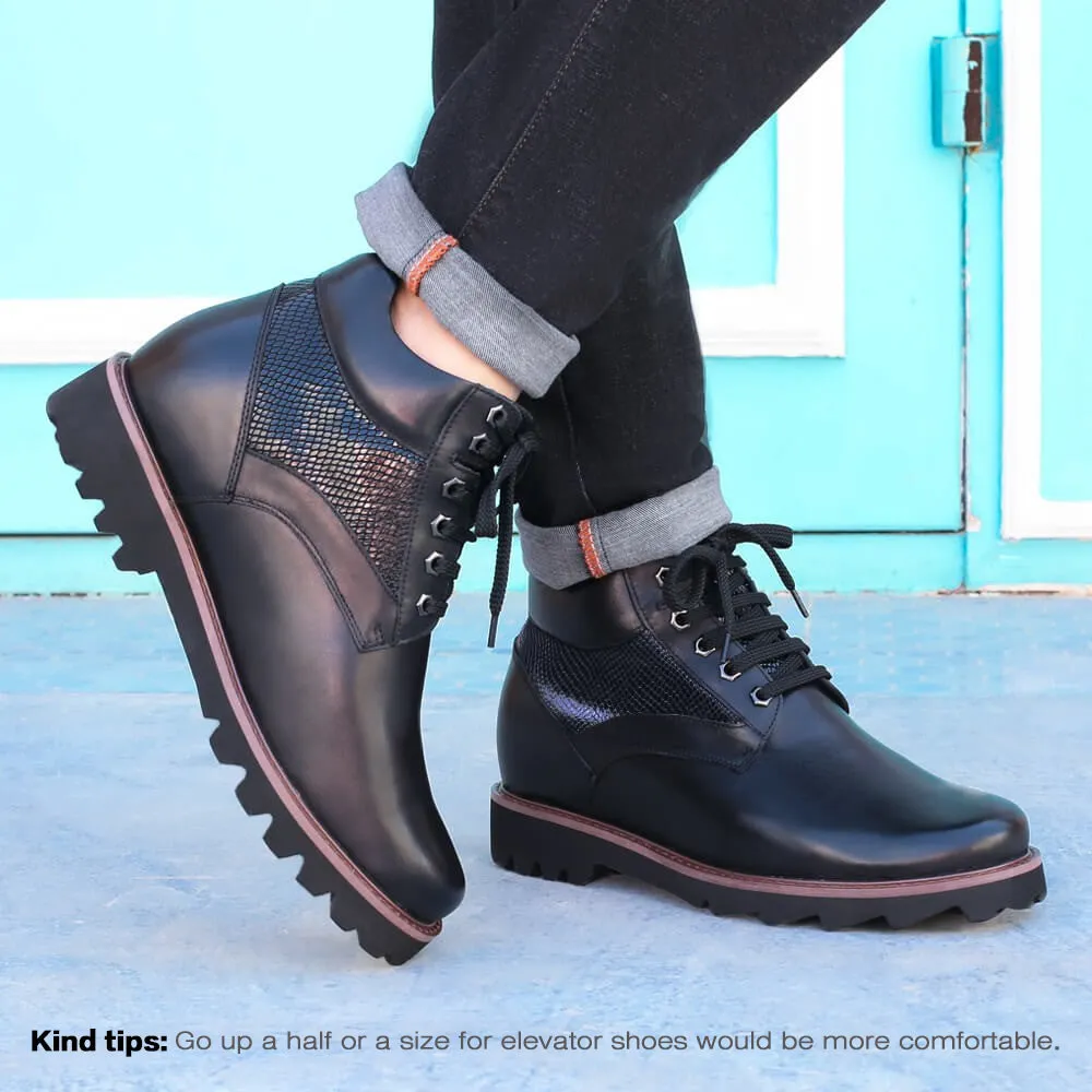 9 CM /3.54 Inches - CMR CHAMARIPA Height Increasing Boots Warm Fur Lined Winter Boots Black Leather Elevator Shoes