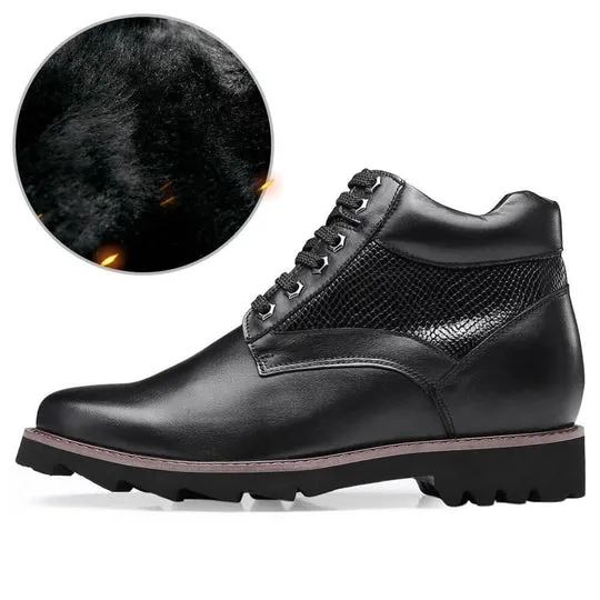 9 CM /3.54 Inches - CMR CHAMARIPA Height Increasing Boots Warm Fur Lined Winter Boots Black Leather Elevator Shoes
