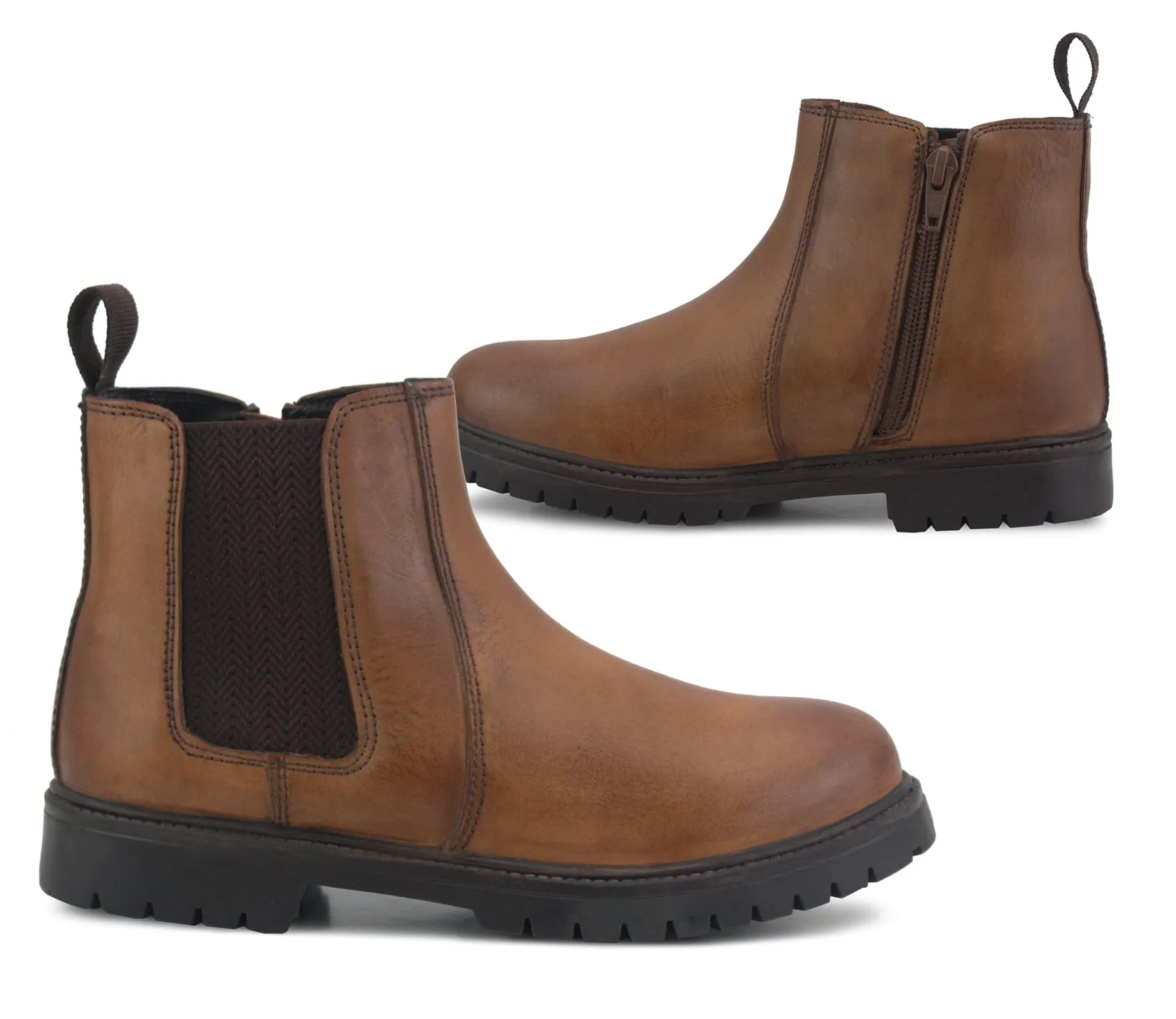 ADRIAN Unisex Kids Genuine Leather Zip Chelsea Boots in Tan