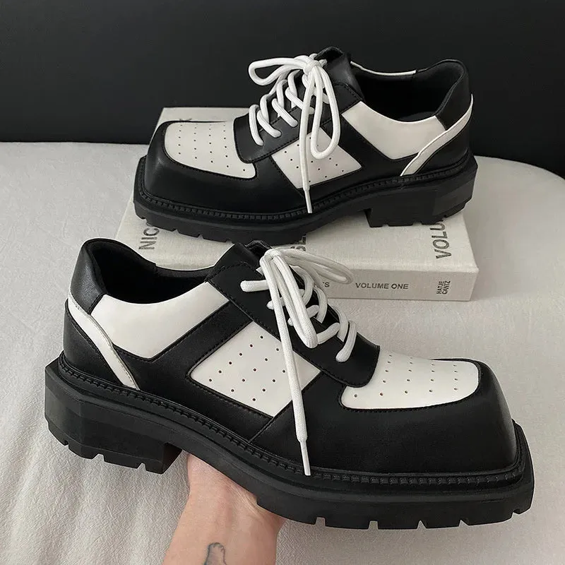Aidase mens outfits Breathable Men's Shoe Patchwork Square Head Korean New Fashion Male Casual PU Leather Derby Shoes Lace-up Autumn