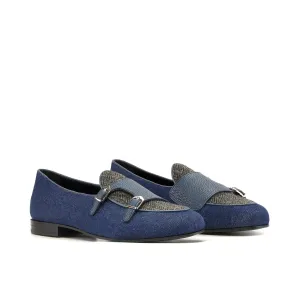 Ambrogio Bespoke Men's Shoes Navy Multi Fabric / Leather Double Monk-Strap Loafers (AMB2555)