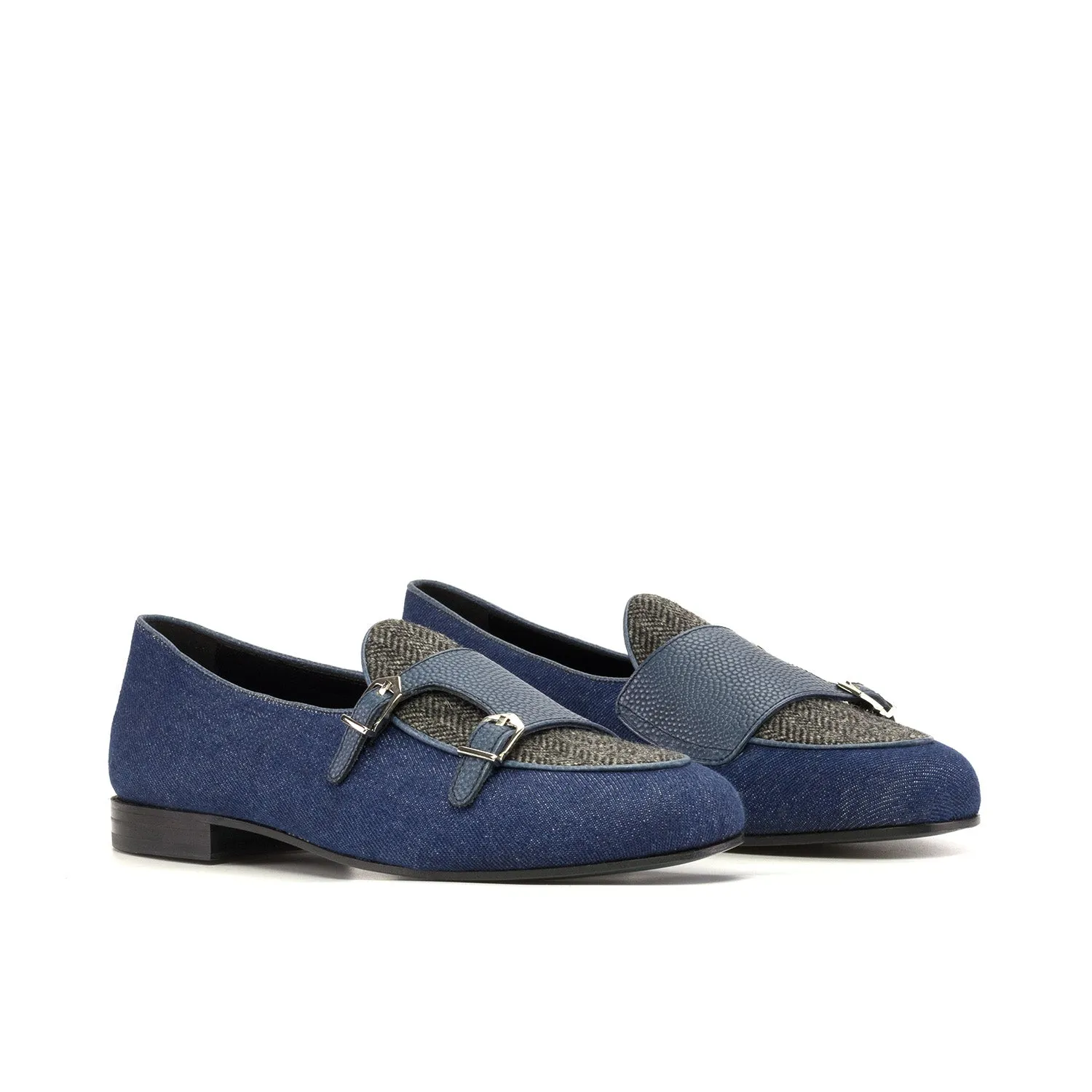 Ambrogio Bespoke Men's Shoes Navy Multi Fabric / Leather Double Monk-Strap Loafers (AMB2555)