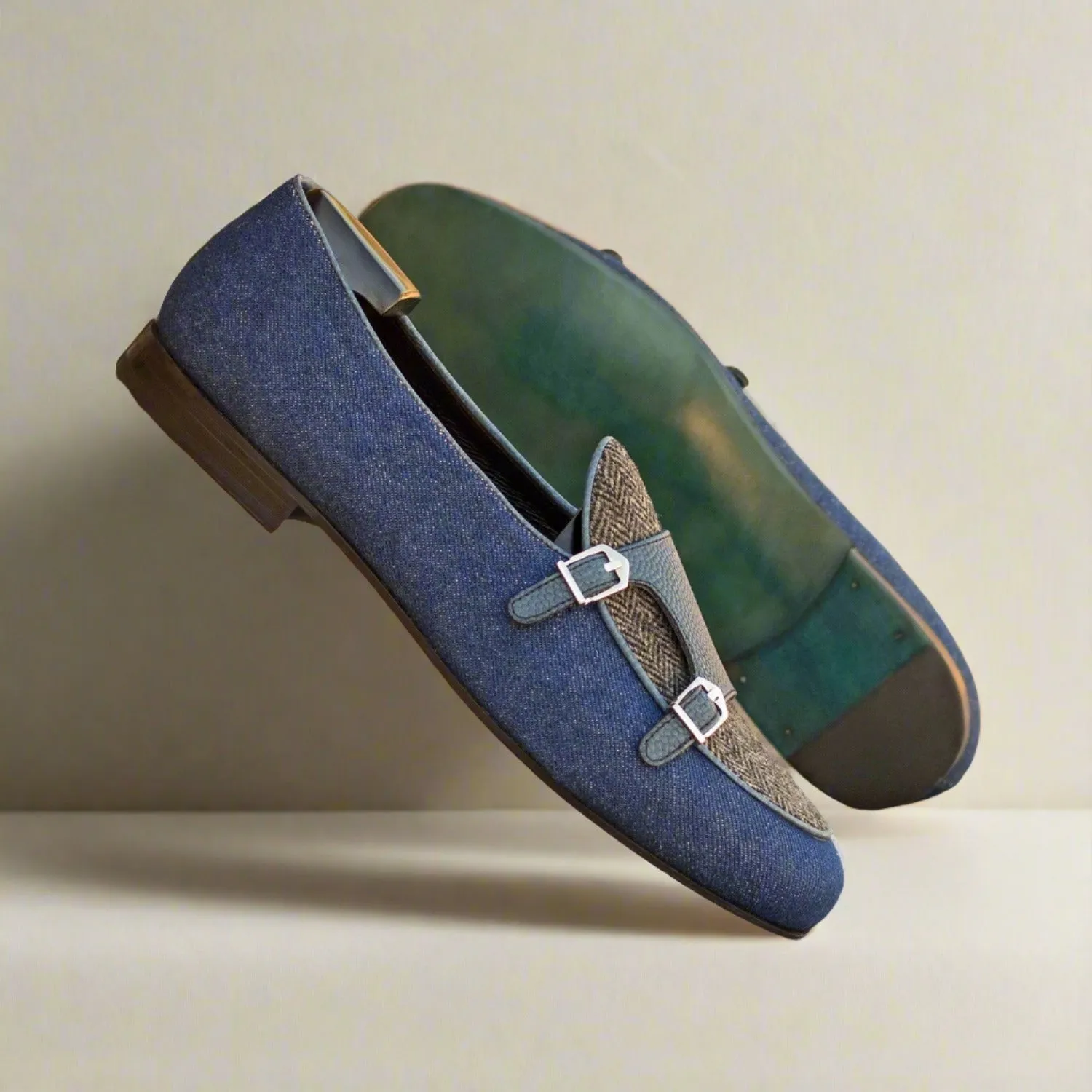 Ambrogio Bespoke Men's Shoes Navy Multi Fabric / Leather Double Monk-Strap Loafers (AMB2555)