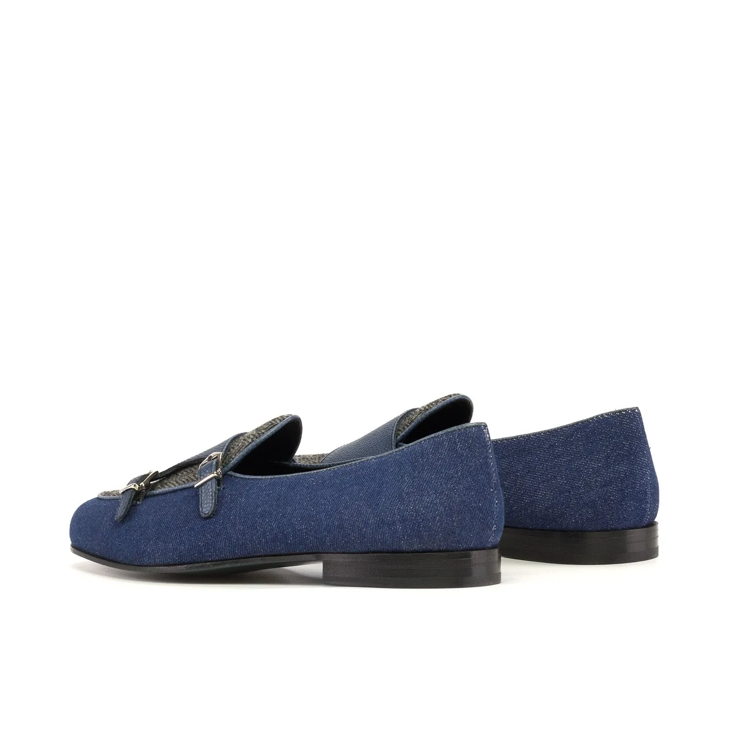 Ambrogio Bespoke Men's Shoes Navy Multi Fabric / Leather Double Monk-Strap Loafers (AMB2555)