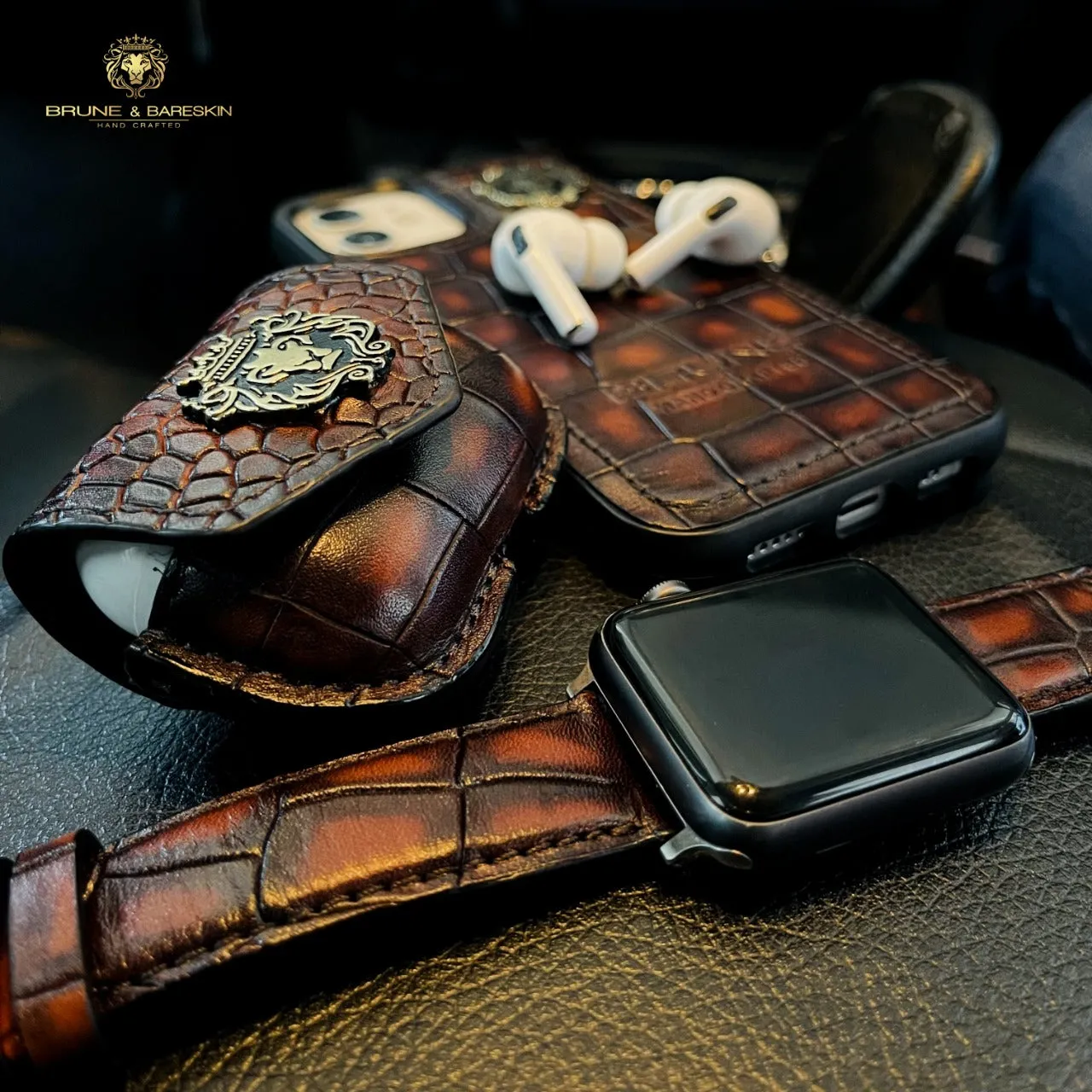 Apple Combo Of Deep Cut Mobile Cover , Watch Strap and Airpod Cover By Brune & Bareskin
