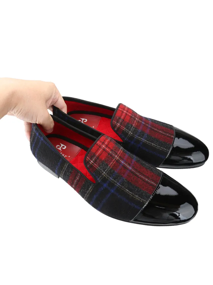 Autumn and winter classic plaid wool stitching black patent leather toe men's loafers British style slip-on smoking shoes