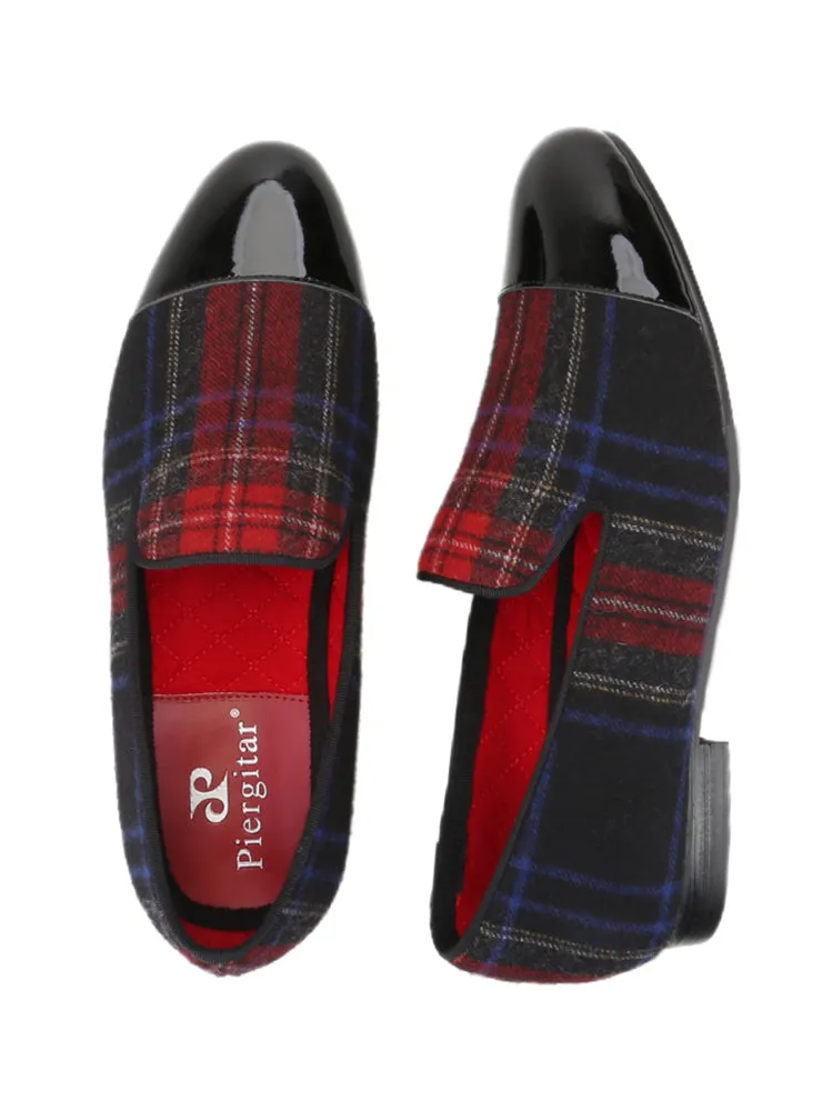 Autumn and winter classic plaid wool stitching black patent leather toe men's loafers British style slip-on smoking shoes