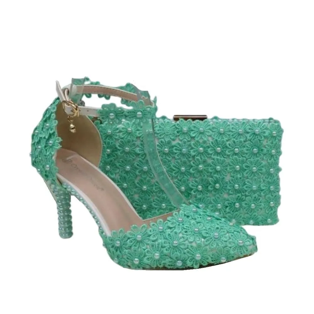 BAYA Women's Fashion Elegant Beige Flower Lace Design Wedding Shoes with Matching Handbag