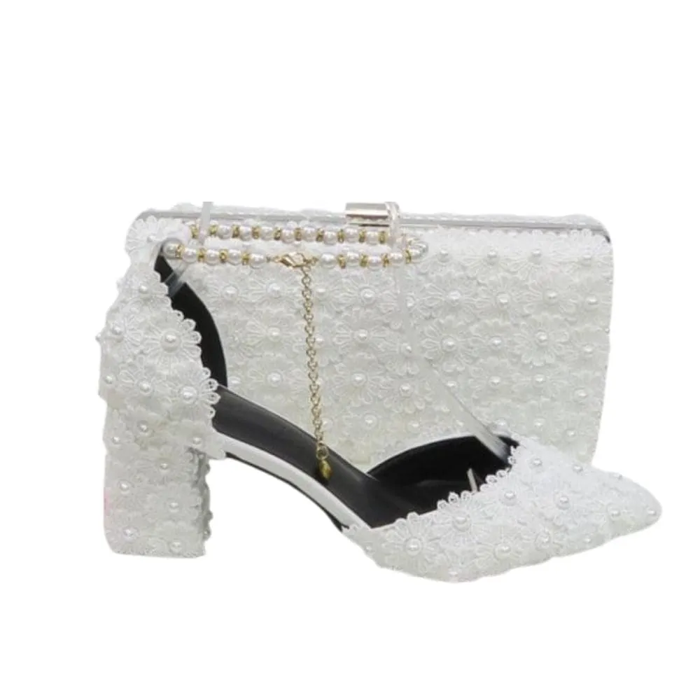 BAYA Women's Fashion Elegant Beige Flower Lace Design Wedding Shoes with Matching Handbag