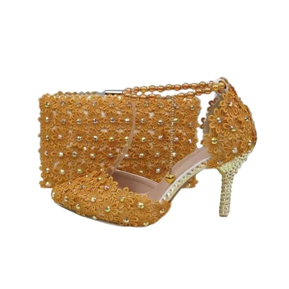 BAYA Women's Fashion Elegant Beige Flower Lace Design Wedding Shoes with Matching Handbag