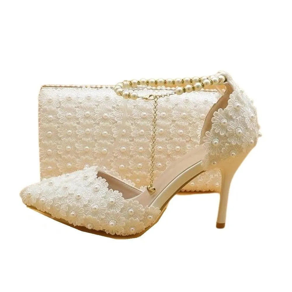 BAYA Women's Fashion Elegant Beige Flower Lace Design Wedding Shoes with Matching Handbag