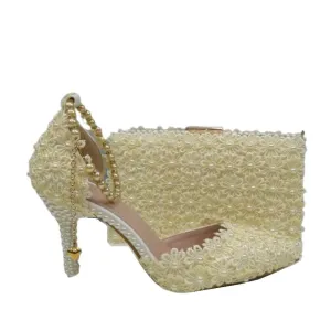 BAYA Women's Fashion Elegant Beige Flower Lace Design Wedding Shoes with Matching Handbag