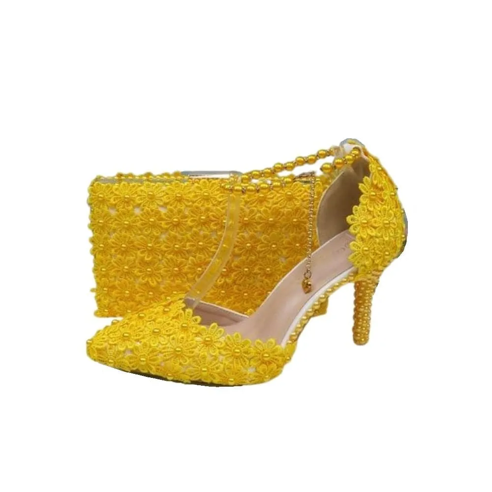 BAYA Women's Fashion Elegant Beige Flower Lace Design Wedding Shoes with Matching Handbag