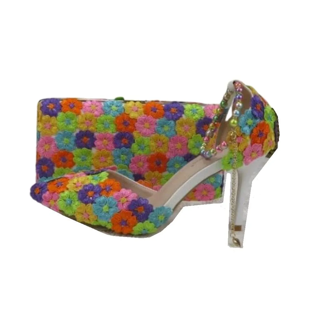 BAYA Women's Fashion Elegant Beige Flower Lace Design Wedding Shoes with Matching Handbag