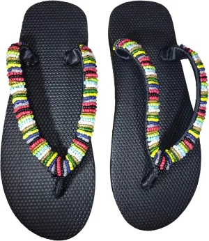 Beaded Flip Flops for Women Summer Style Sandals Comfortable Beach Walking Thong Cushion Sandals Slip On Indoor Outdoor- Multicolor Beads in a Stripe Pattern - Size US 9.5