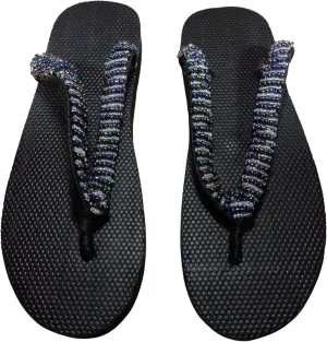 Beaded Flip Flops for Women Summer Style Sandals Comfortable Beach Walking Thong Cushion Sandals Slip On Indoor Outdoor- Silver with Multicolor Beads in a Stripe Pattern - Size US 12.5