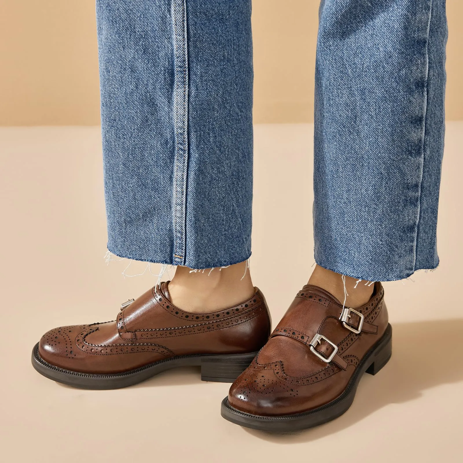 BEAU TODAY Monk Strap Brogue Loafer Shoes with Square Toe for Women Business Casual Vintage Dress Shoes