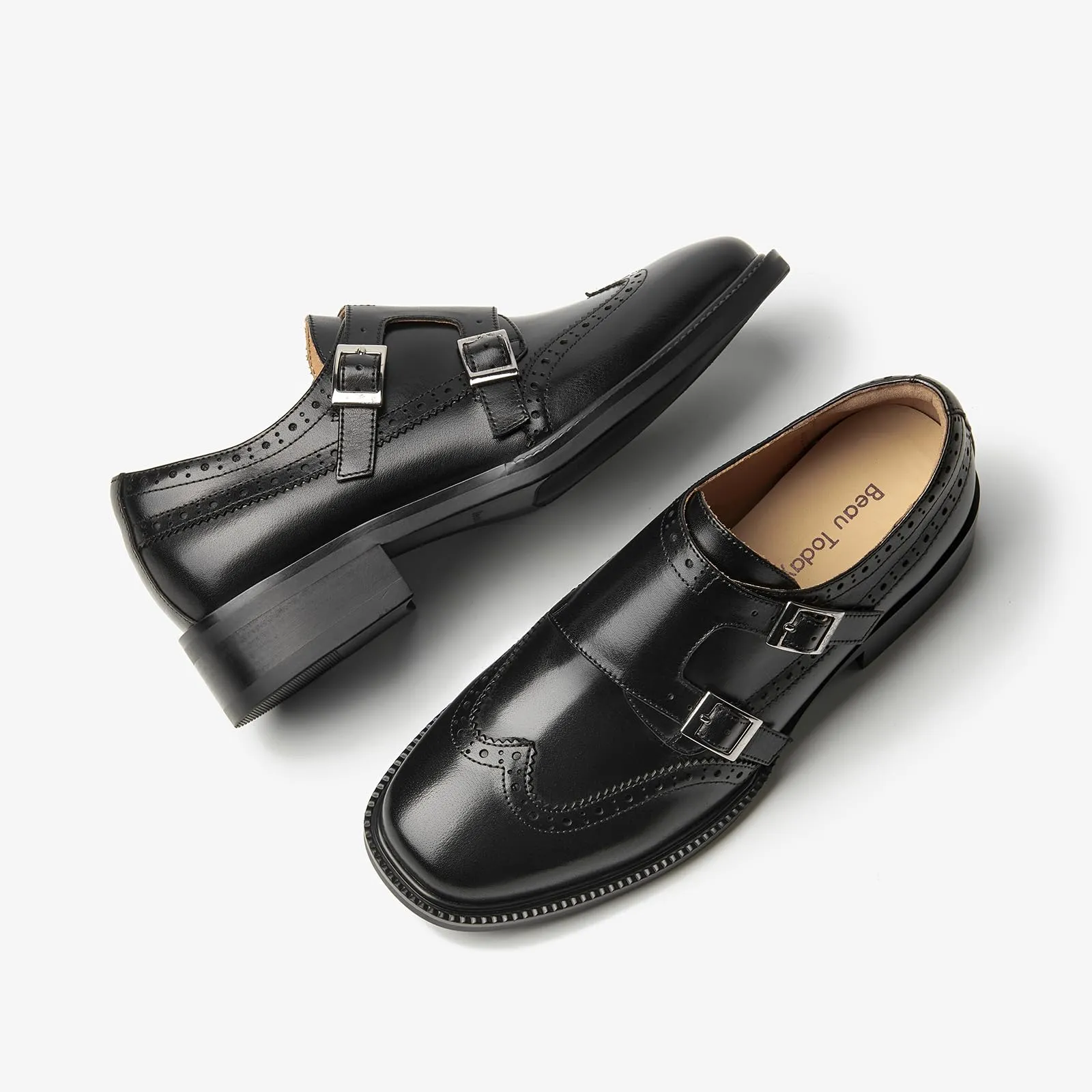 BEAU TODAY Monk Strap Brogue Loafer Shoes with Square Toe for Women Business Casual Vintage Dress Shoes