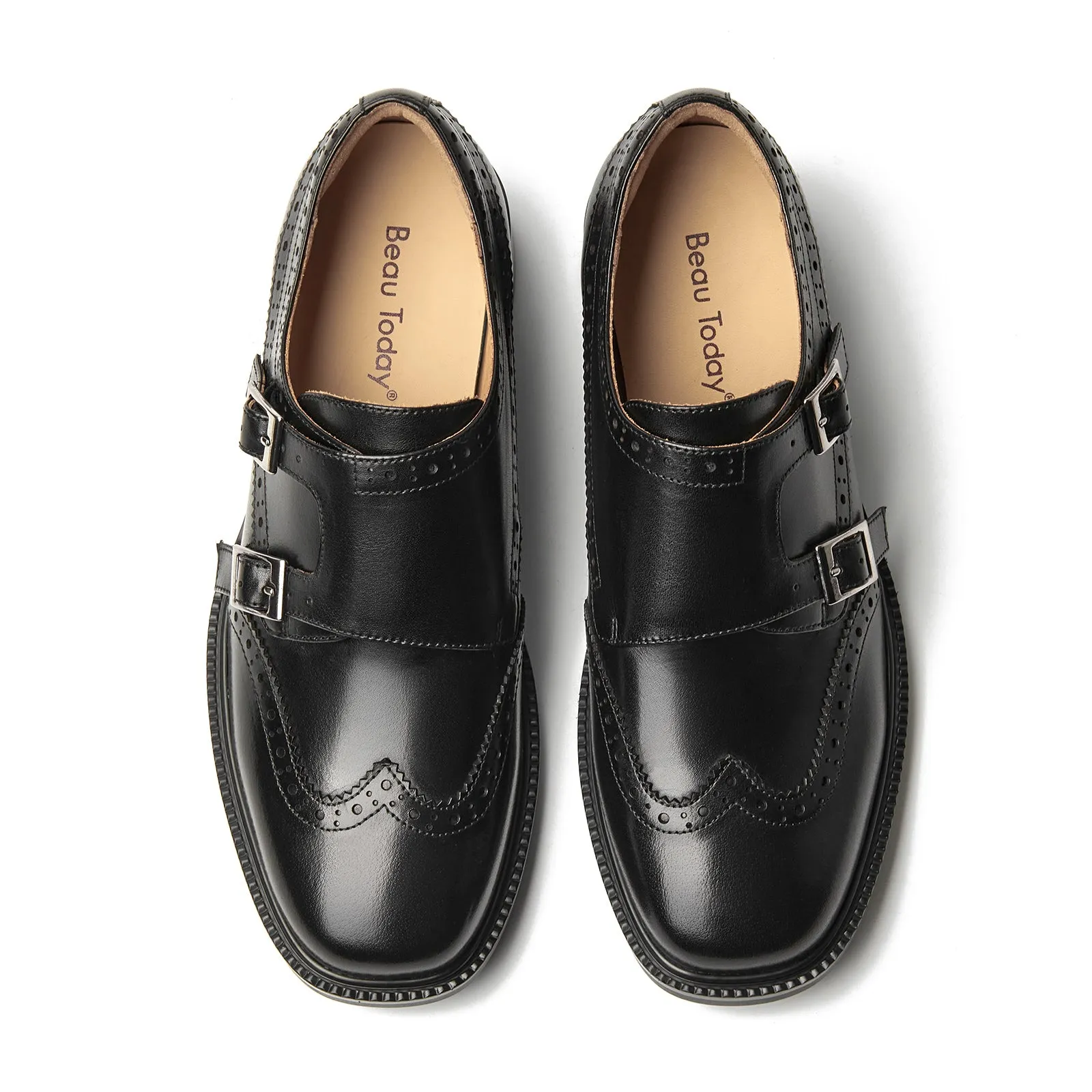 BEAU TODAY Monk Strap Brogue Loafer Shoes with Square Toe for Women Business Casual Vintage Dress Shoes