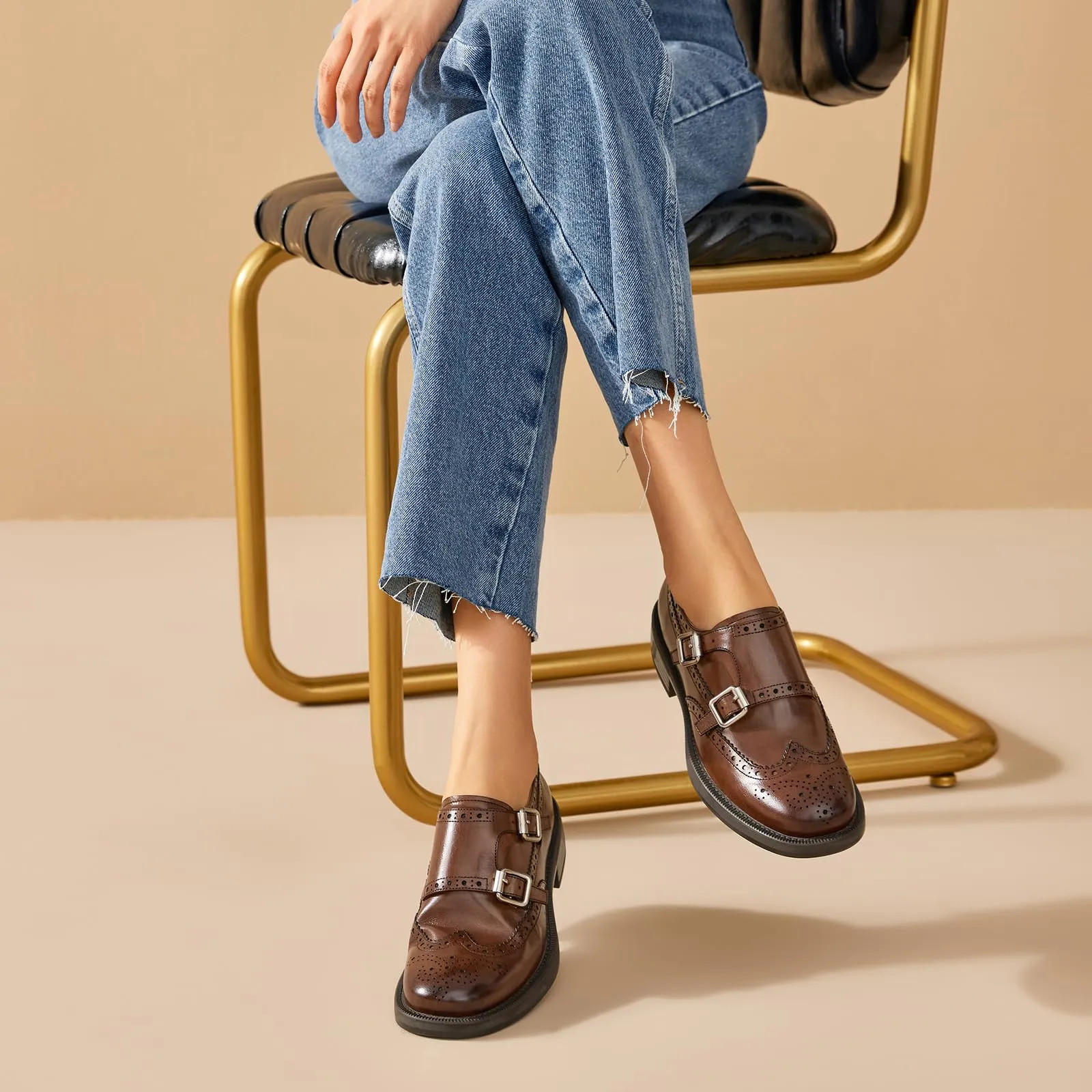 BEAU TODAY Monk Strap Brogue Loafer Shoes with Square Toe for Women Business Casual Vintage Dress Shoes