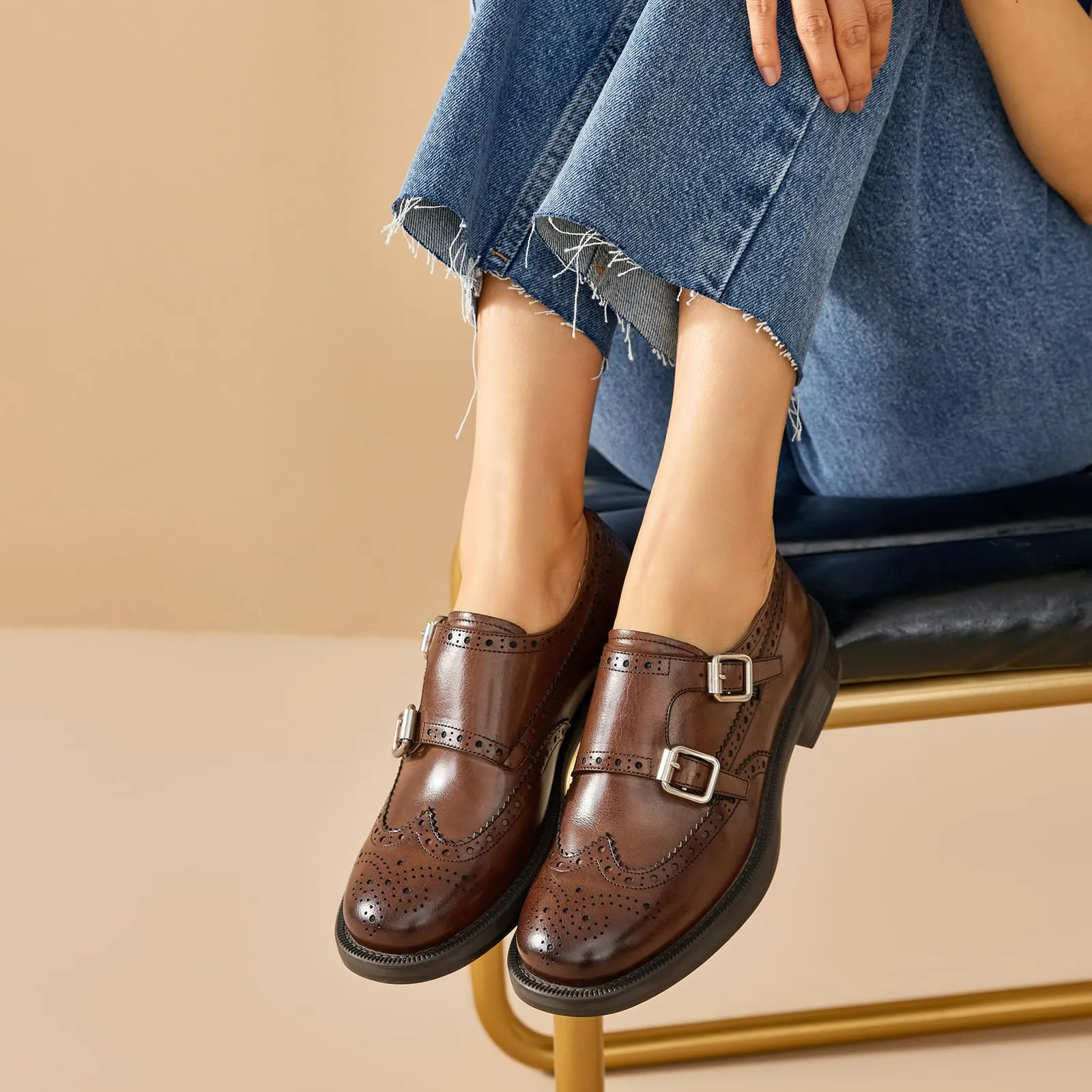 BEAU TODAY Monk Strap Brogue Loafer Shoes with Square Toe for Women Business Casual Vintage Dress Shoes