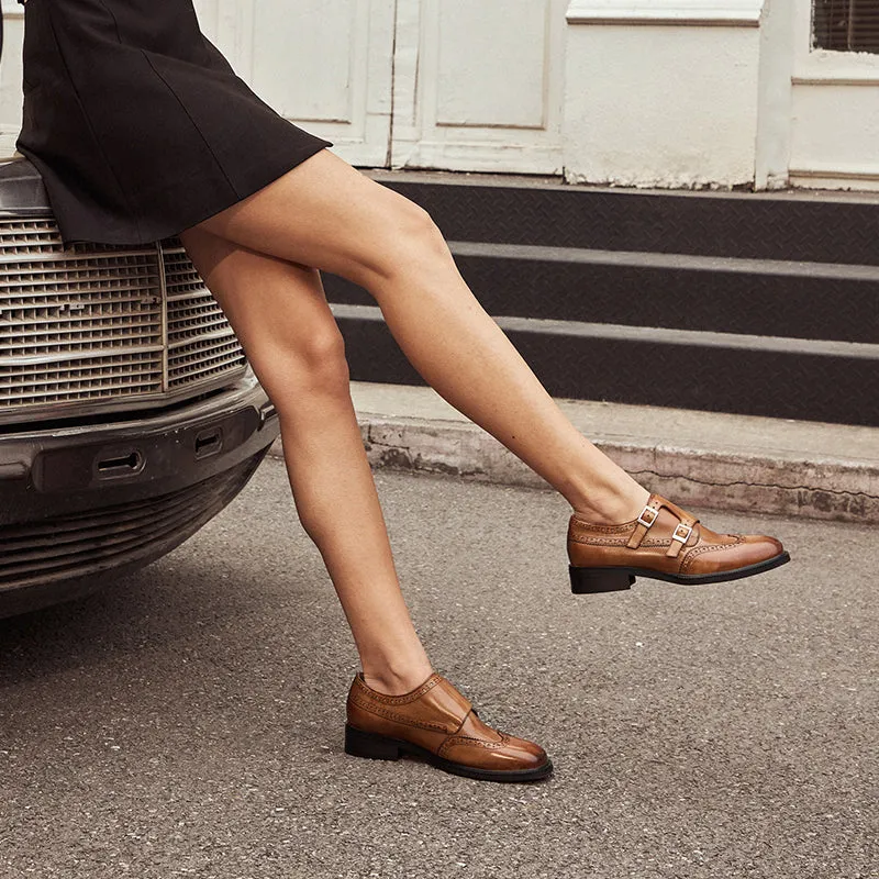 BEAU TODAY Monk Strap Brogue Loafer Shoes with Square Toe for Women Business Casual Vintage Dress Shoes