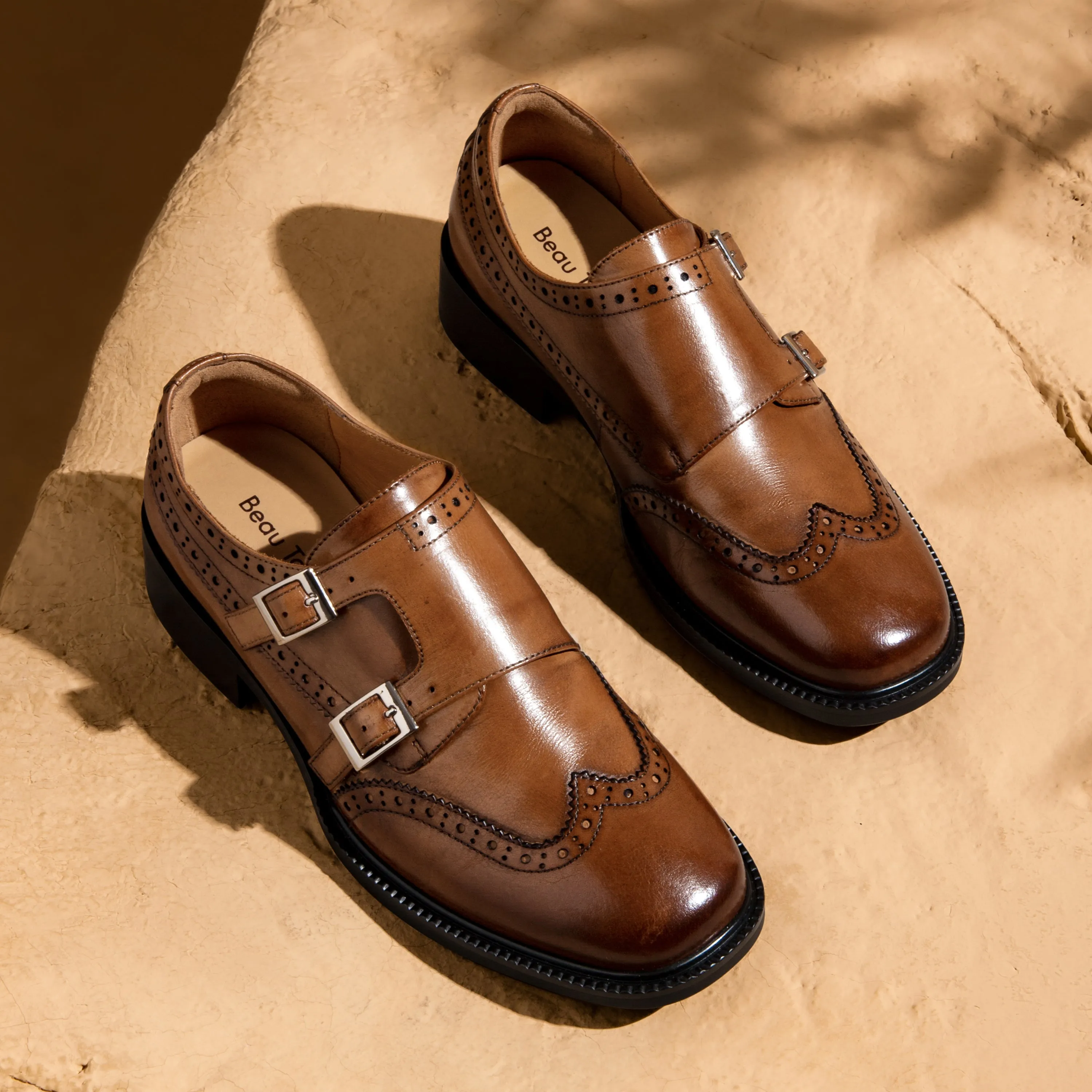 BEAU TODAY Monk Strap Brogue Loafer Shoes with Square Toe for Women Business Casual Vintage Dress Shoes