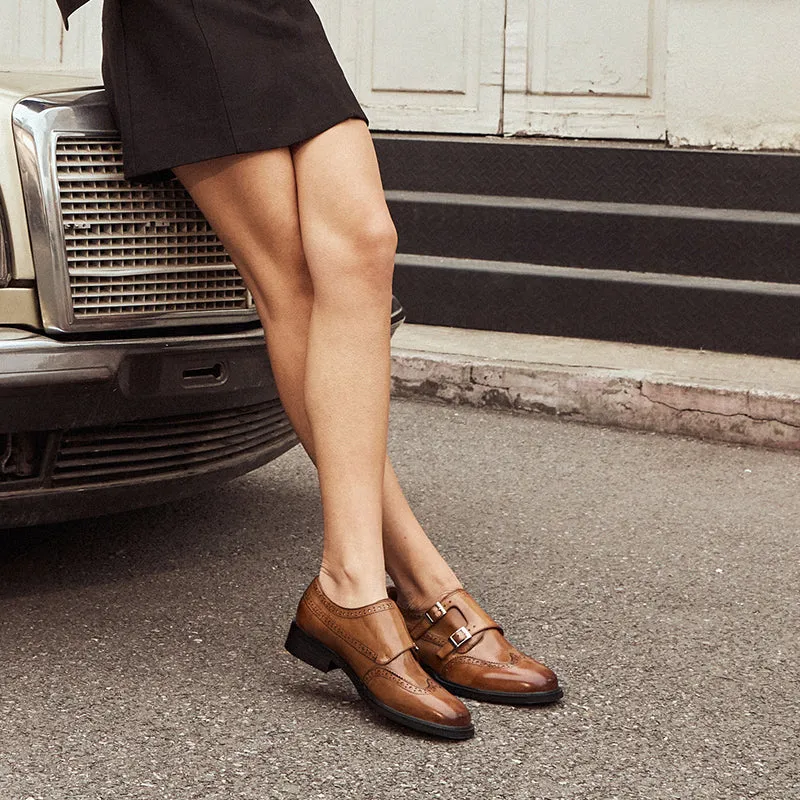 BEAU TODAY Monk Strap Brogue Loafer Shoes with Square Toe for Women Business Casual Vintage Dress Shoes
