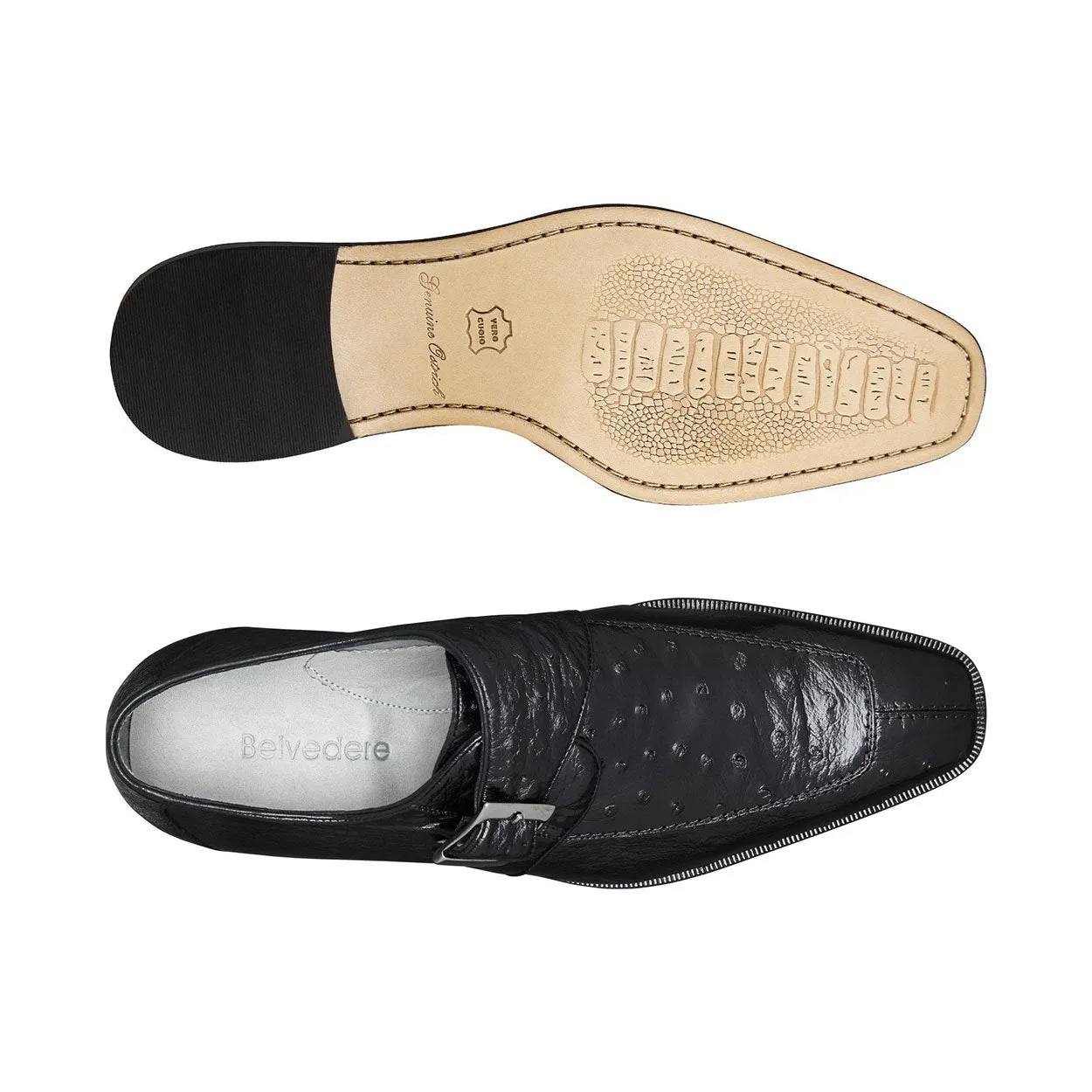 Belvedere Josh Men's Designer Shoes Black Genuine Ostrich Split Toe Monkstraps Loafers 114011 (BV2843)