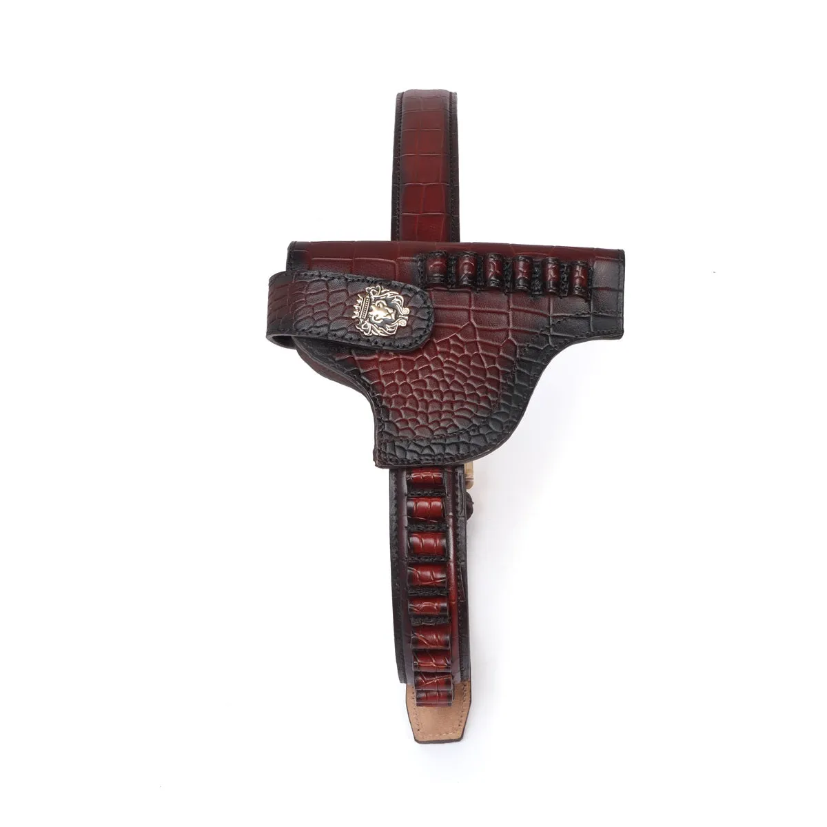 Bespoke Dark Brown Cut Croco Leather Combo of Gun Cover & Bullets Holder Belt by Brune & Bareskin