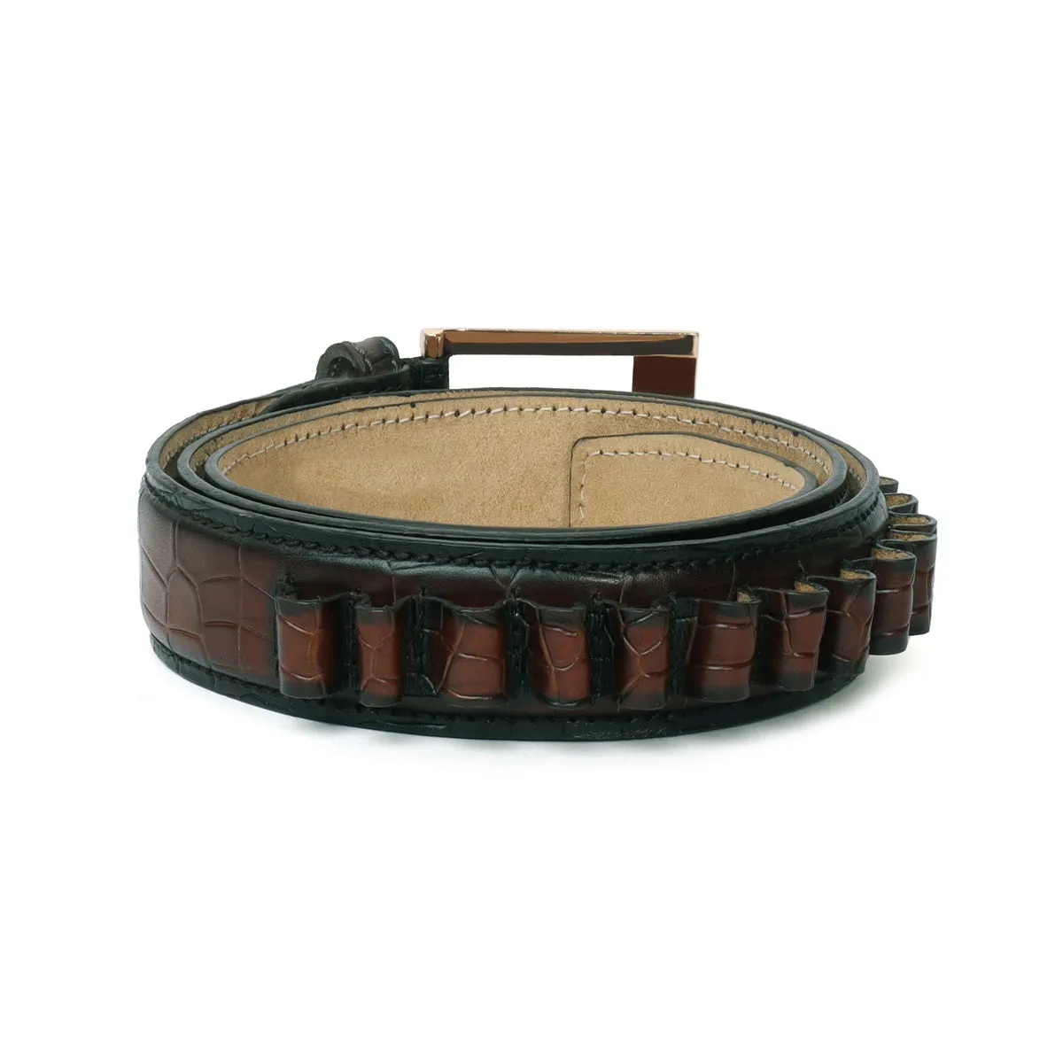 Bespoke Dark Brown Cut Croco Leather Combo of Gun Cover & Bullets Holder Belt by Brune & Bareskin
